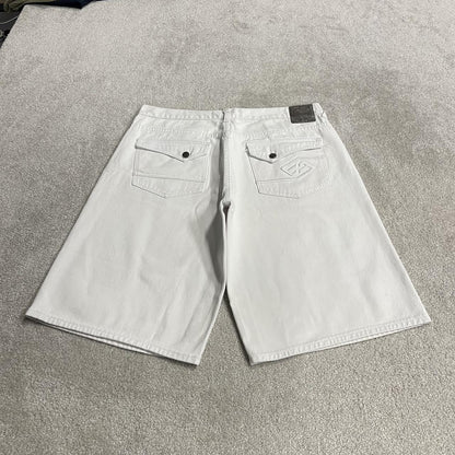 Enyce baggy denim shorts y2k white Long wide leg embroidered skater surf shorts