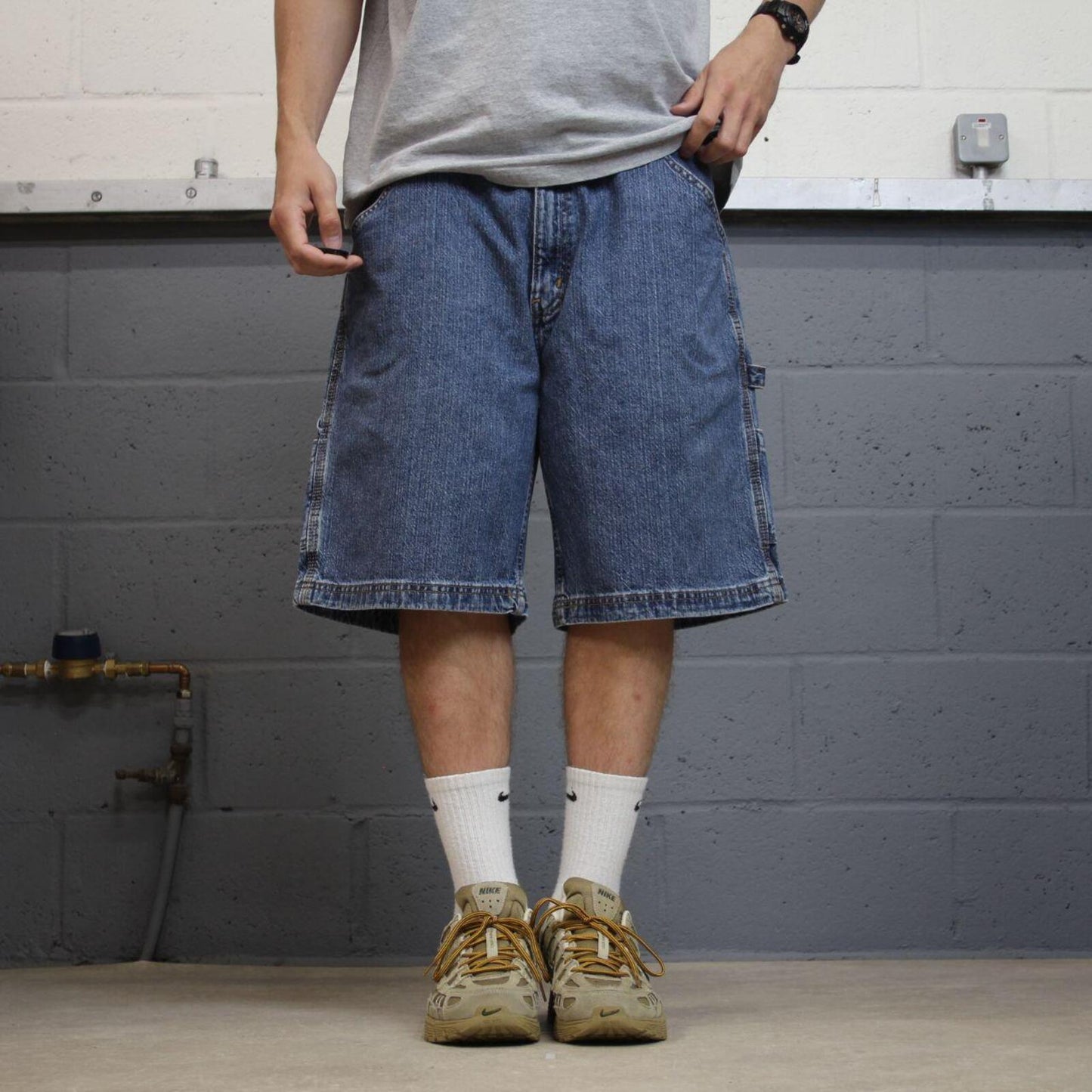 Denim carpenter shorts cargo loose blue Faded Glory skater style surf jorts