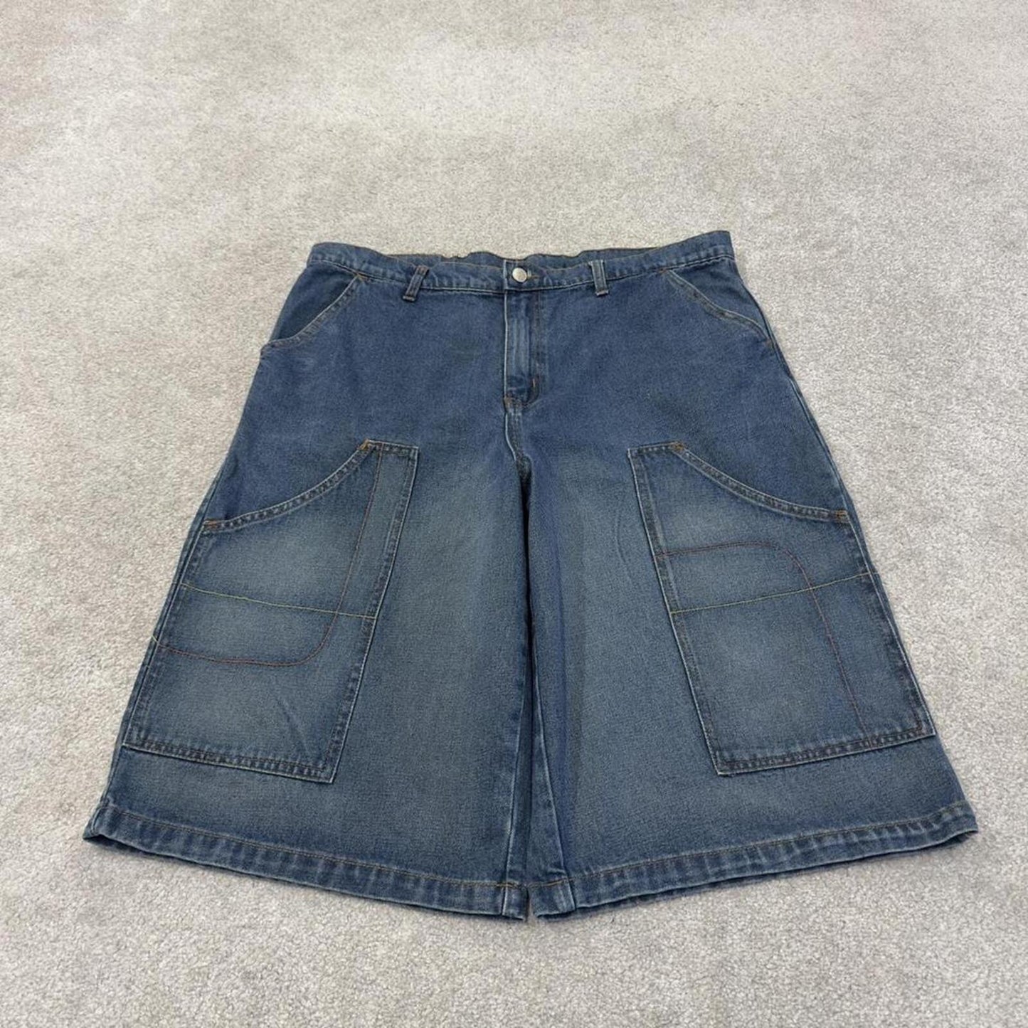 Y2K long baggy denim shorts blue Indigo denim skater style brand surf jorts