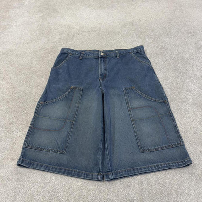 Y2K long baggy denim shorts blue Indigo denim skater style brand surf jorts