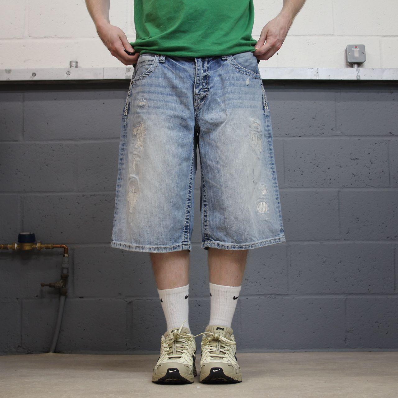 Baggy denim shorts y2k embroidered blue BKE Derek ripped style surf jorts