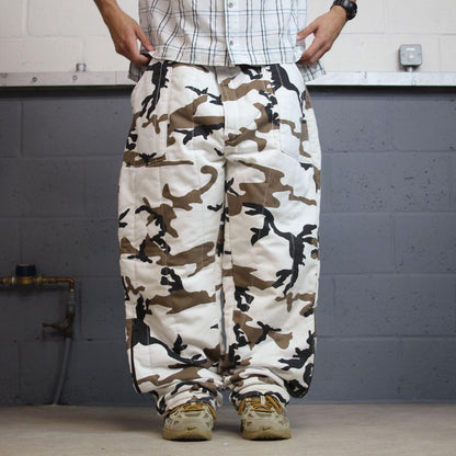 Vintage baggy white camo cargo pants 2XL Blue Bill Red Head snow camouflage thick hunting trousers