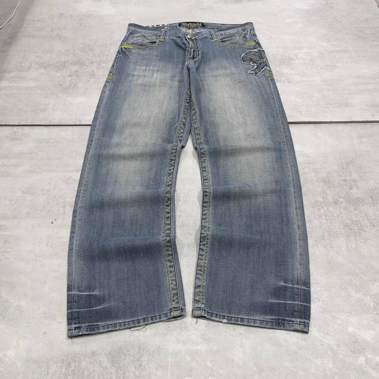 Baggy Akademiks jeans W36L33 blue wide leg denim 90s y2k style embroidered skater jeans loose