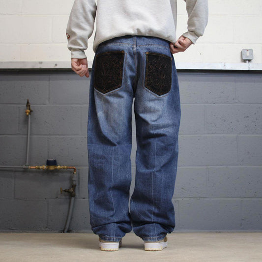90s y2k Makaveli jeans W36L31 loose blue denim embroidered skate style hip hop pants