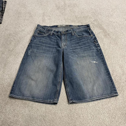 BKE baggy denim shorts y2k white stitch blue Surf summer style jorts perfect for festival