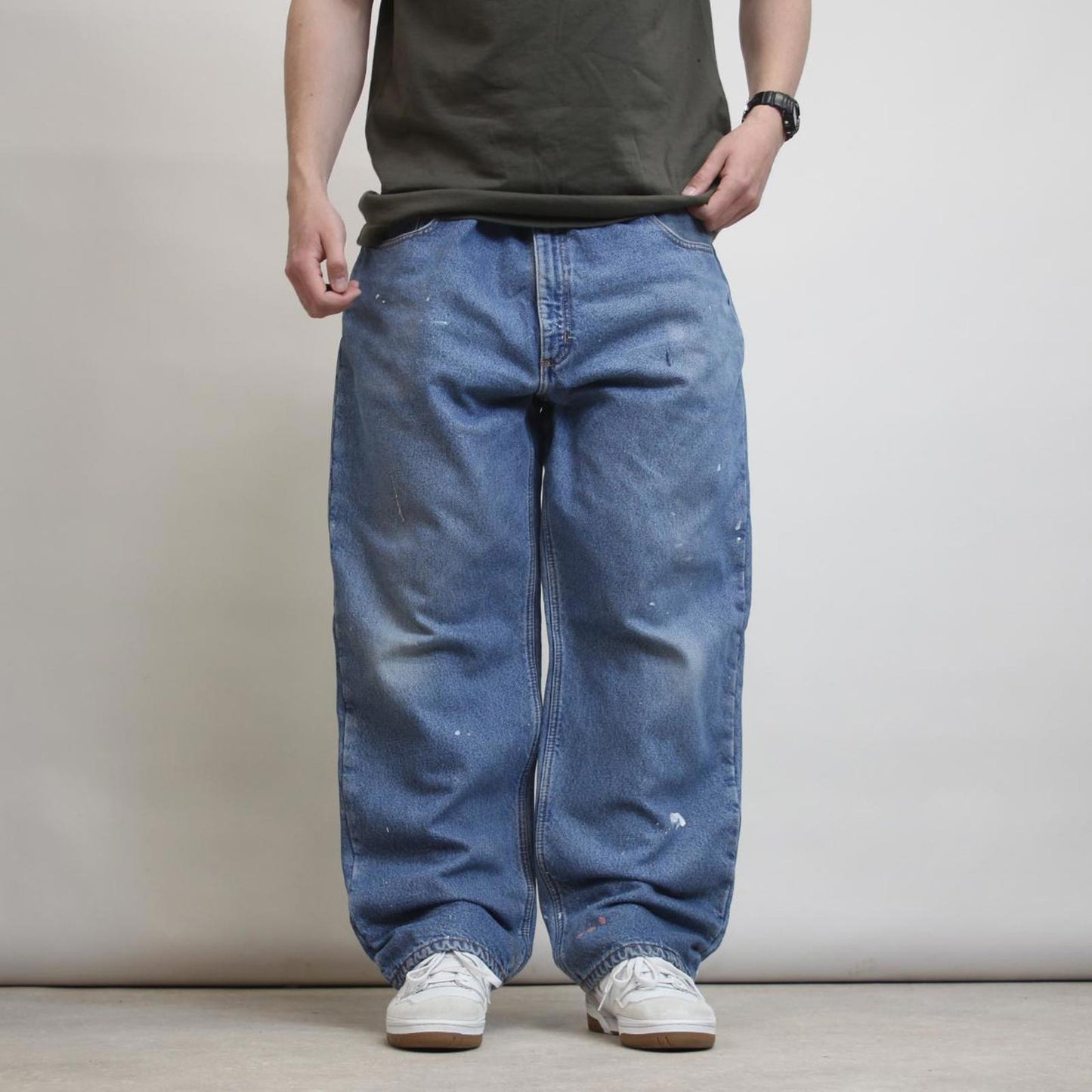 Mens Carhartt jeans W42 L30 Loose Blue fleece lined denim skate jeans patch logo