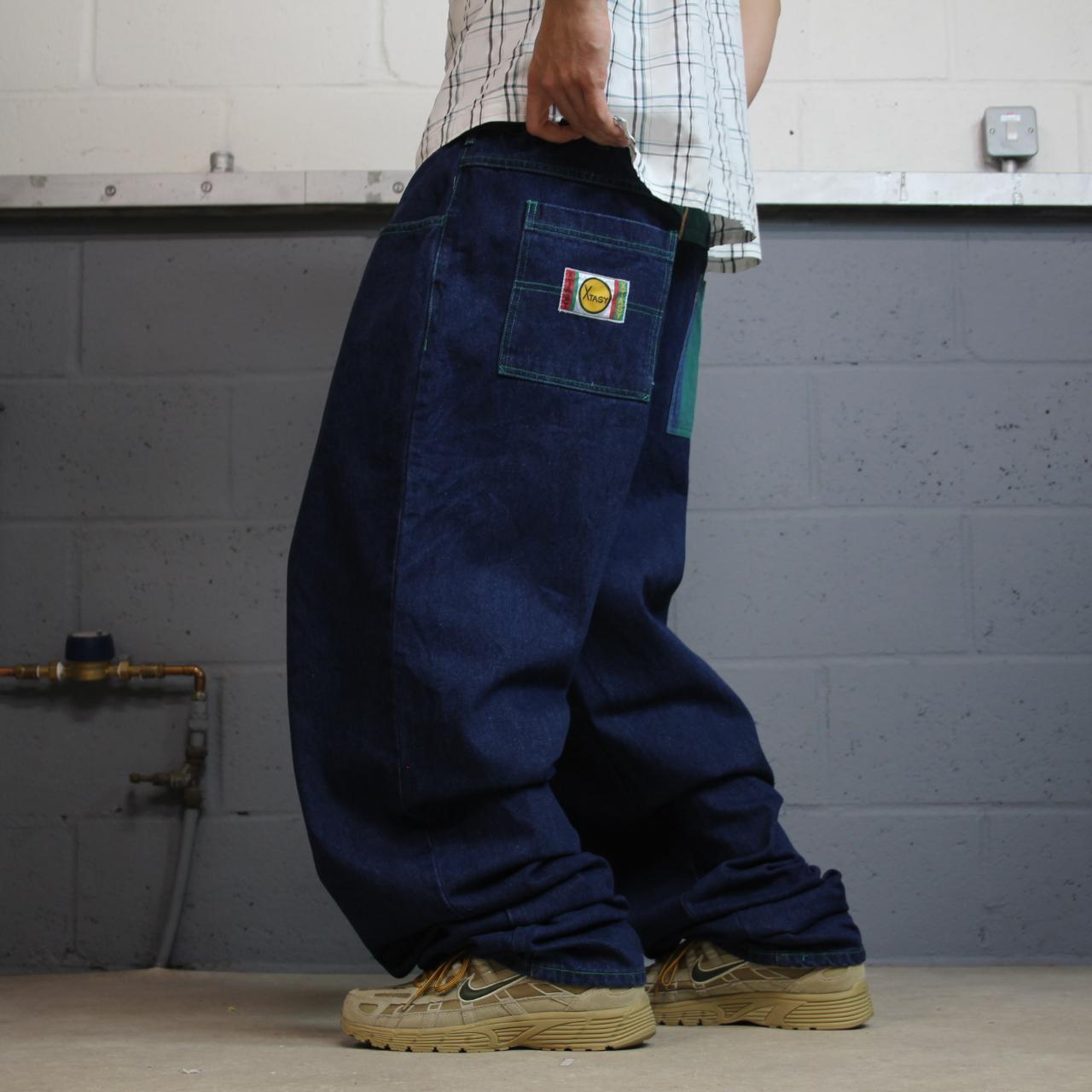 Xtasy extra baggy jeans y2k W44L38 navy blue Wide leg long skater style pants deck chair stripes