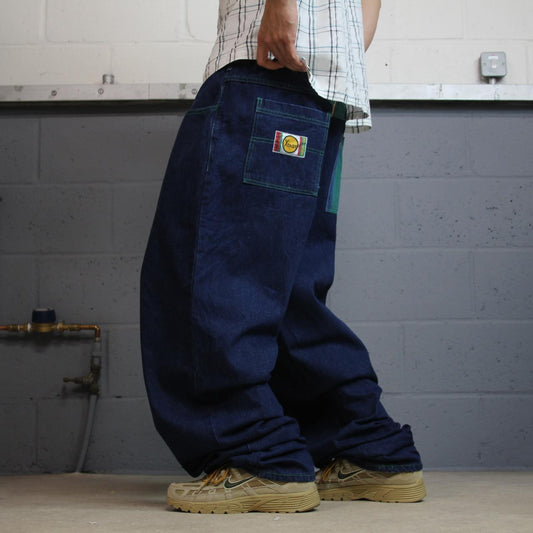 Xtasy extra baggy jeans y2k W44L38 navy blue Wide leg long skater style pants deck chair stripes