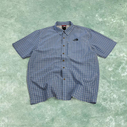 North Face checkered short sleeve shirt blue TNF Festival style surf check shirt