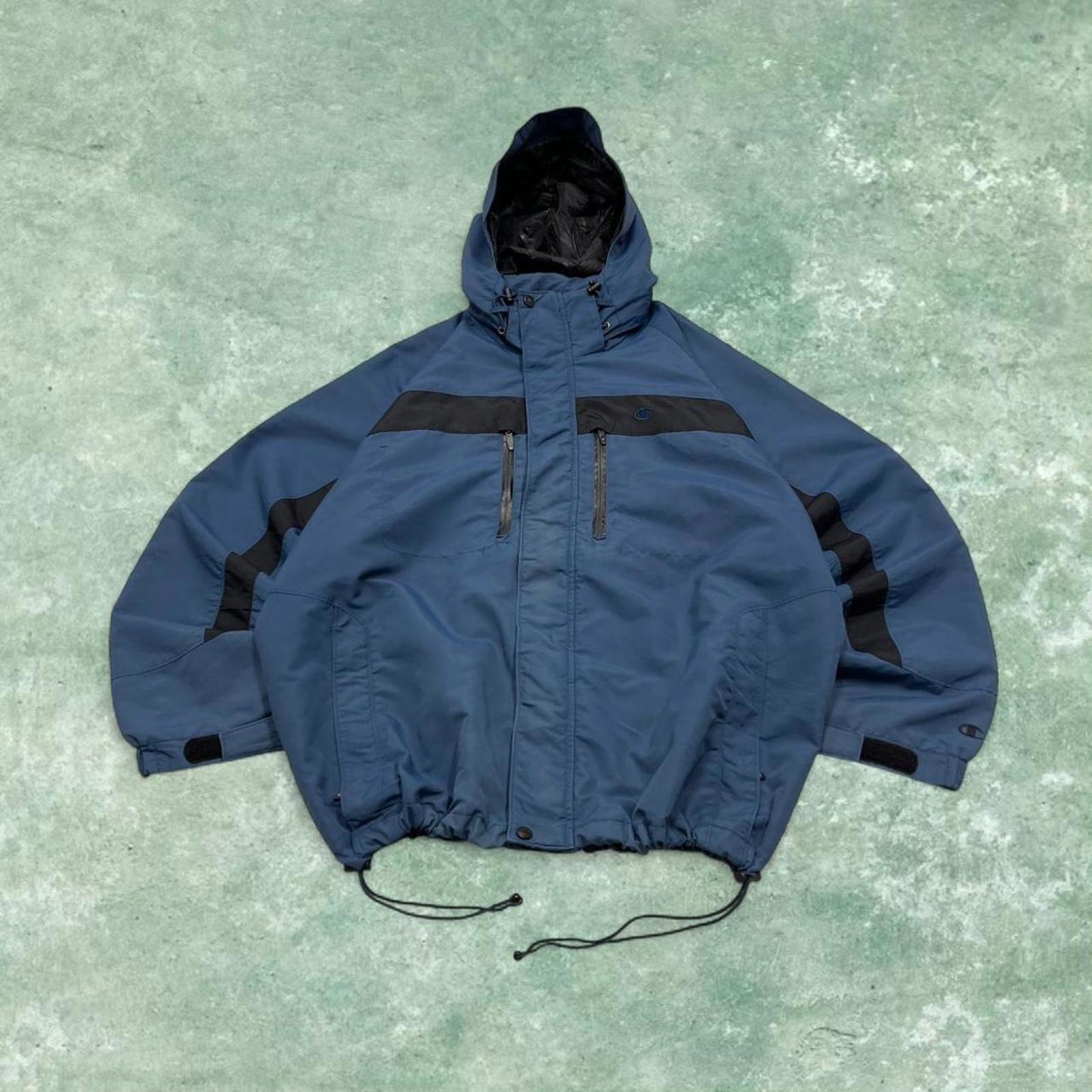 Y2K Champion technical windbreaker jacket blue Zip pockets adjustable waist embroidered hooded coat