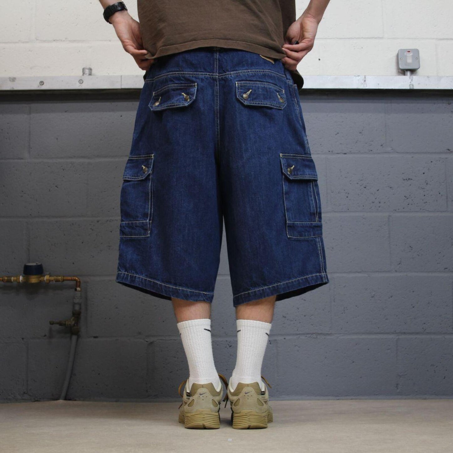 Long extra baggy denim cargo shorts blue Liberty Blues skater style carpenter jorts