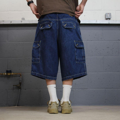 Long extra baggy denim cargo shorts blue Liberty Blues skater style carpenter jorts