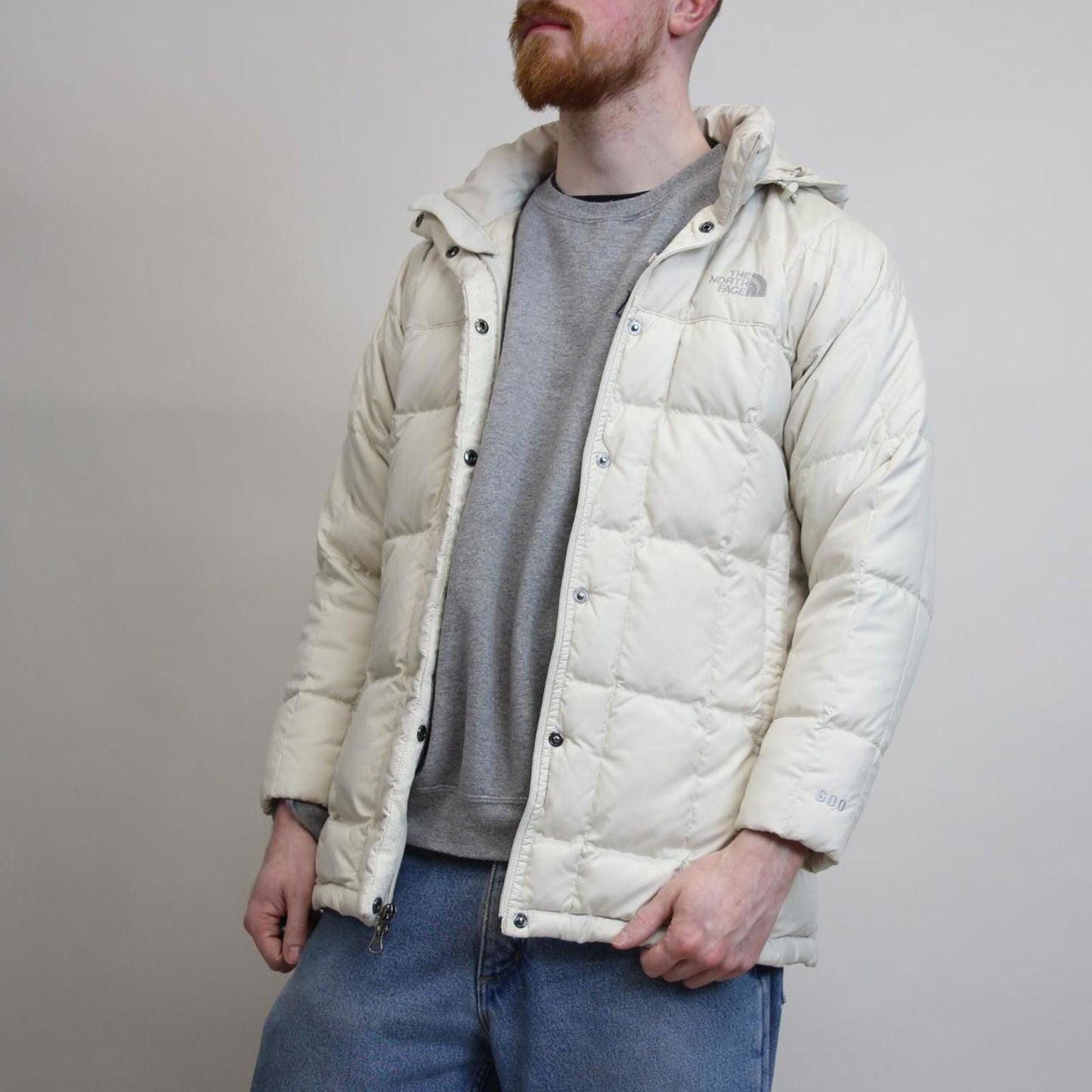 Women's North Face jacket M cream tnf 600 down hooded puffer coat