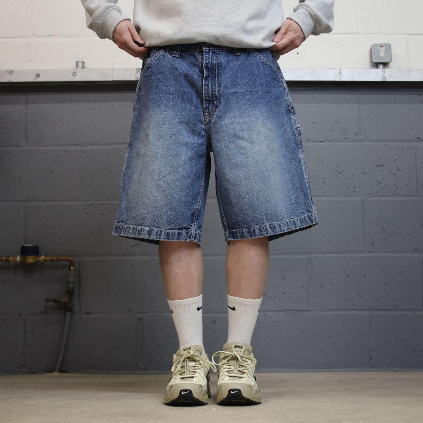 Denim carpenter shorts cargo loose blue Faded Glory skater style surf jorts