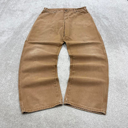 Tan Dickies carpenter jeans W36L32 loose baggy canvas cargo 90s skate style pants patch logo