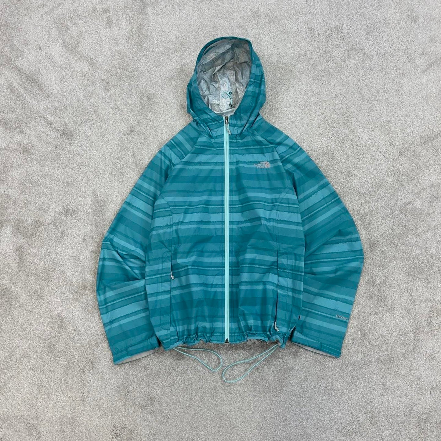 North Face technical jacket XL womens teal blue striped TNF HyVent 2.5L y2k style autumn windbreaker
