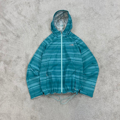 North Face technical jacket XL womens teal blue striped TNF HyVent 2.5L y2k style autumn windbreaker