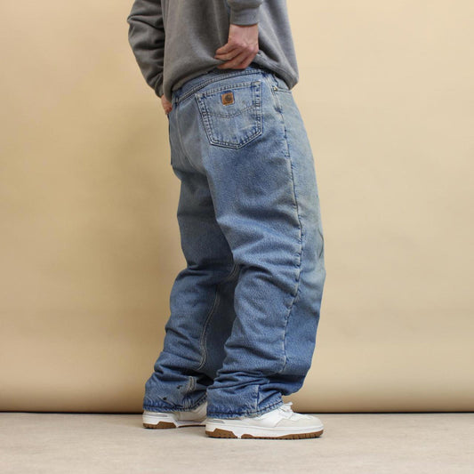 Blue Carhartt jeans W40L32 loose 90s style fleece lined denim pants skate style