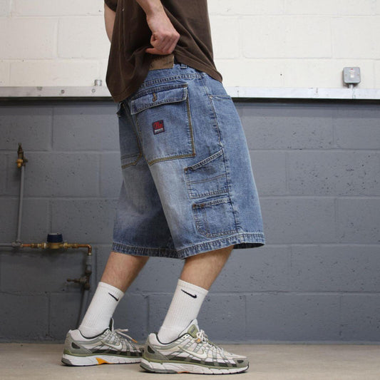 Y2k baggy carpenter shorts skater style blue W40 Brooklyn Xpress long wide leg denim jorts