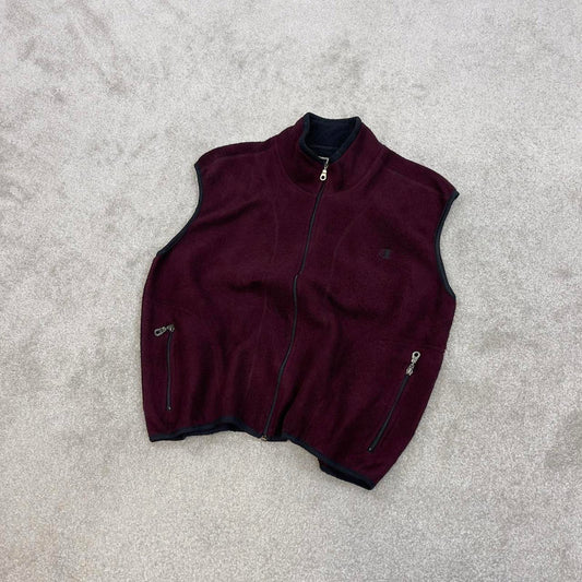 Y2K Champion technical fleece gilet M burgundy men’s zip up embroidered logo outdoors hiking autumn