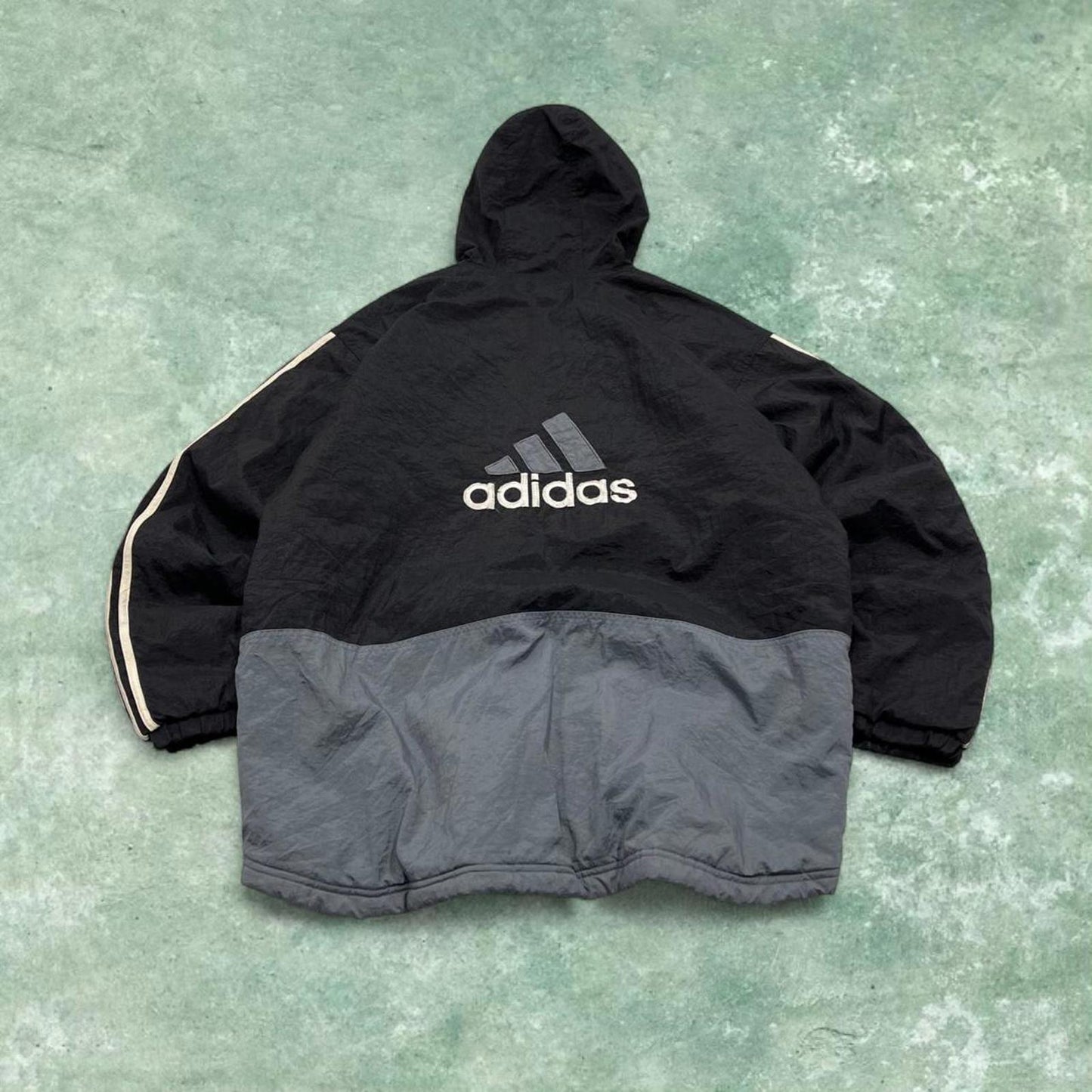 Vintage y2k Adidas technical windbreaker jacket black embroidered logos hooded tech coat