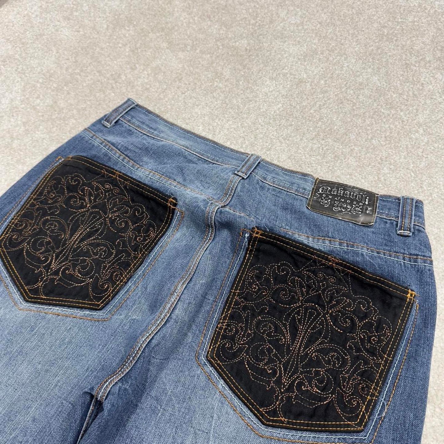 90s y2k Makaveli jeans W36L31 loose blue denim embroidered skate style hip hop pants