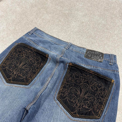 90s y2k Makaveli jeans W36L31 loose blue denim embroidered skate style hip hop pants