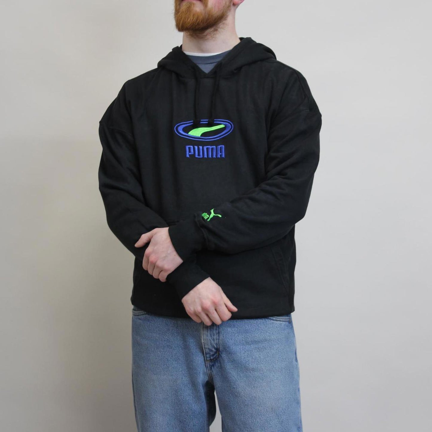 Black PUMA hoodie M pullover y2k jumper embroidered design