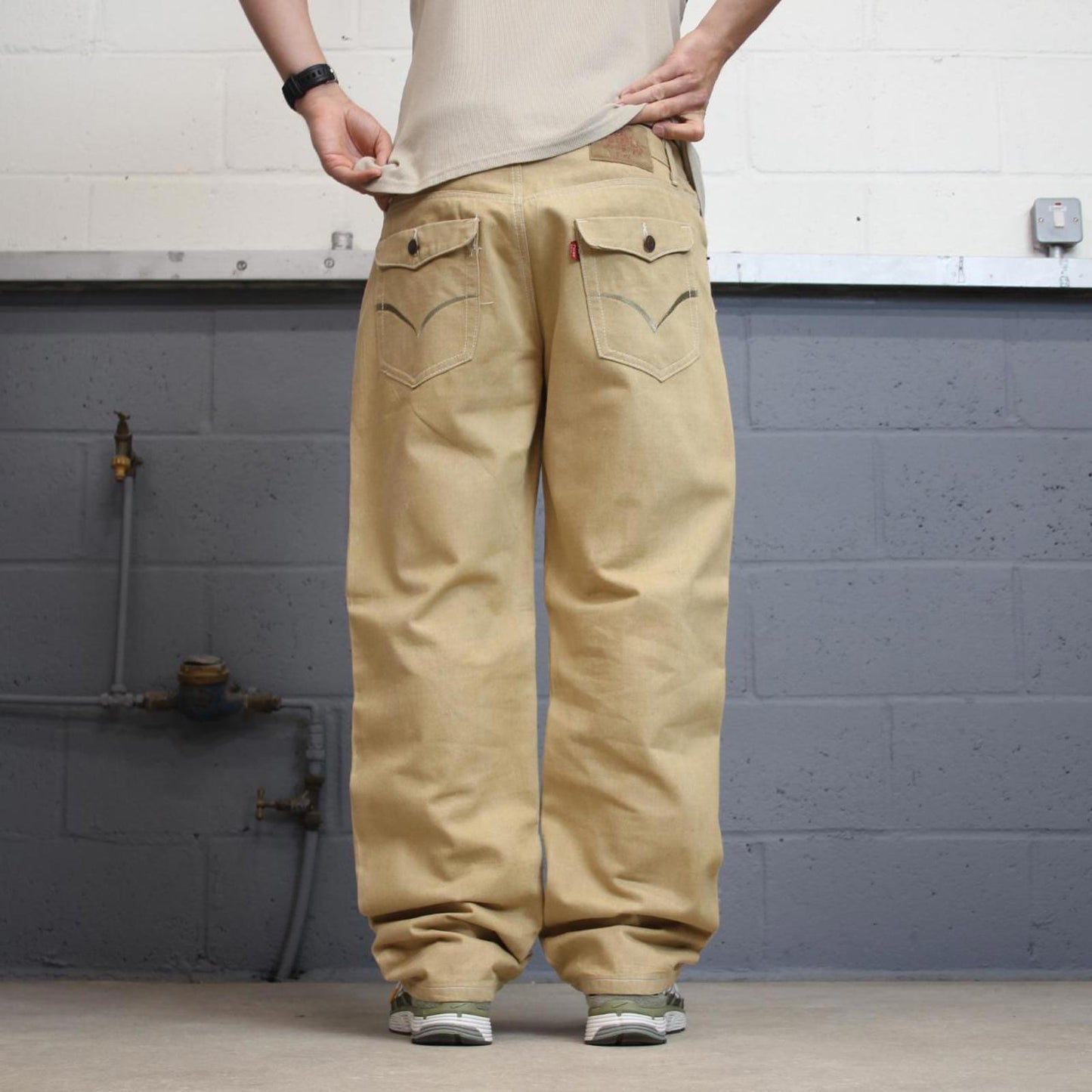 Y2K Hip Hop jeans Tan Fivez W36 L32 Denim skate pants rear pocket designs