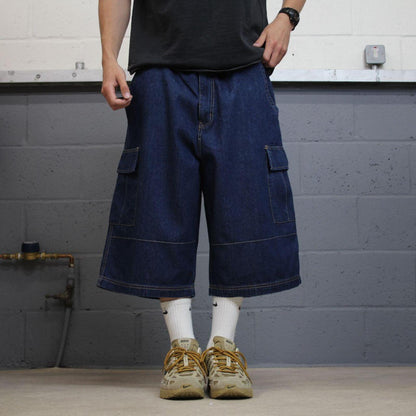 Super baggy denim shorts cargo blue Long leg skater surf style carpenter jorts