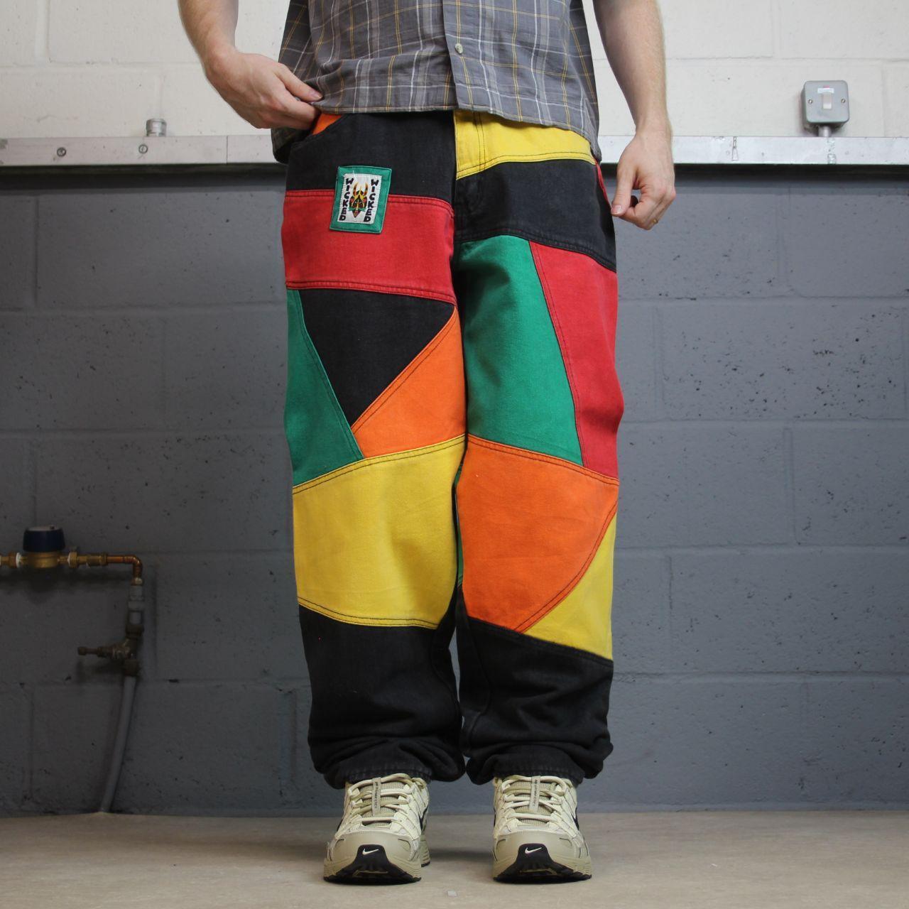 Y2K Wicked colour block patchwork jeans W32L33 multicoloured denim Loose festival rave pants