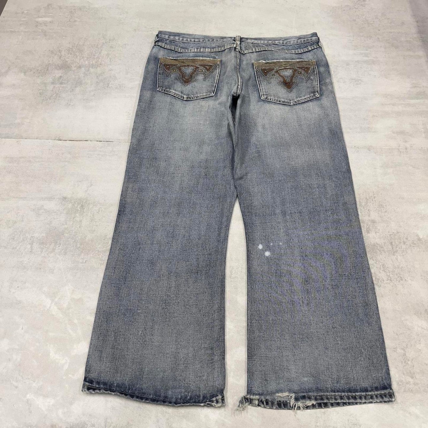 Blue Route 66 baggy skate jeans W38L30 loose denim embroidered y2k style pants big stitch design