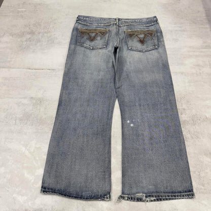 Blue Route 66 baggy skate jeans W38L30 loose denim embroidered y2k style pants big stitch design