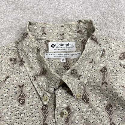 Columbia funky pattern short sleeve shirt khaki Boxy fit floaty festival button down shirt