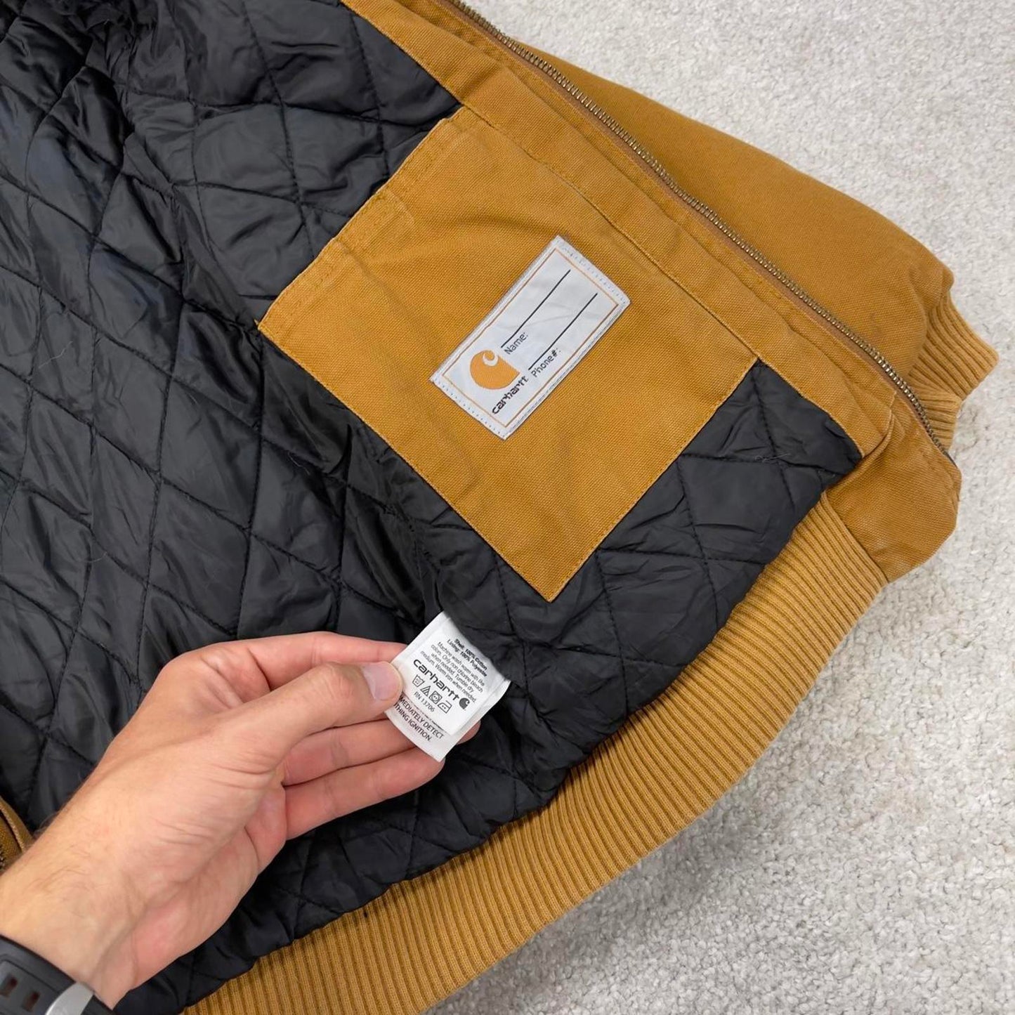 Vintage Kids Carhartt hooded active jacket Small (7-8) tan canvas 90s style quilt lined active