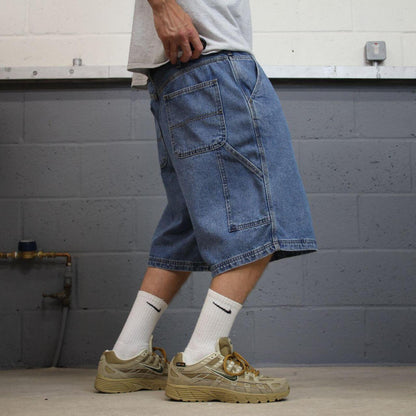 Long baggy denim shorts carpenter blue Loose leg workwear skater style surf jorts