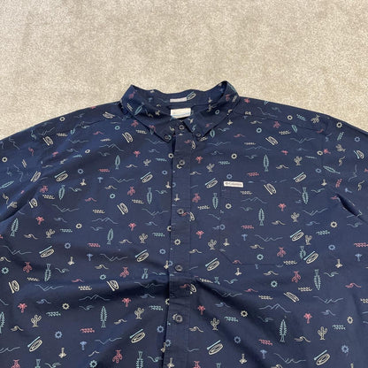 Columbia funky pattern short sleeve shirt y2k navy Festival surf style patterned summer shirt