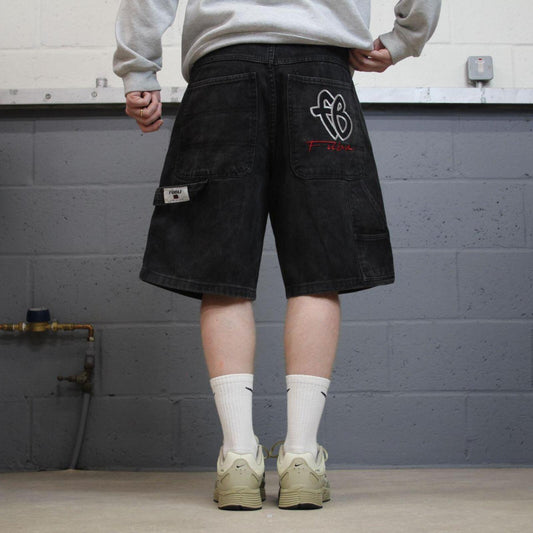 Baggy denim carpenter shorts cargo black Loose skater style surf jorts FUBU embroidered