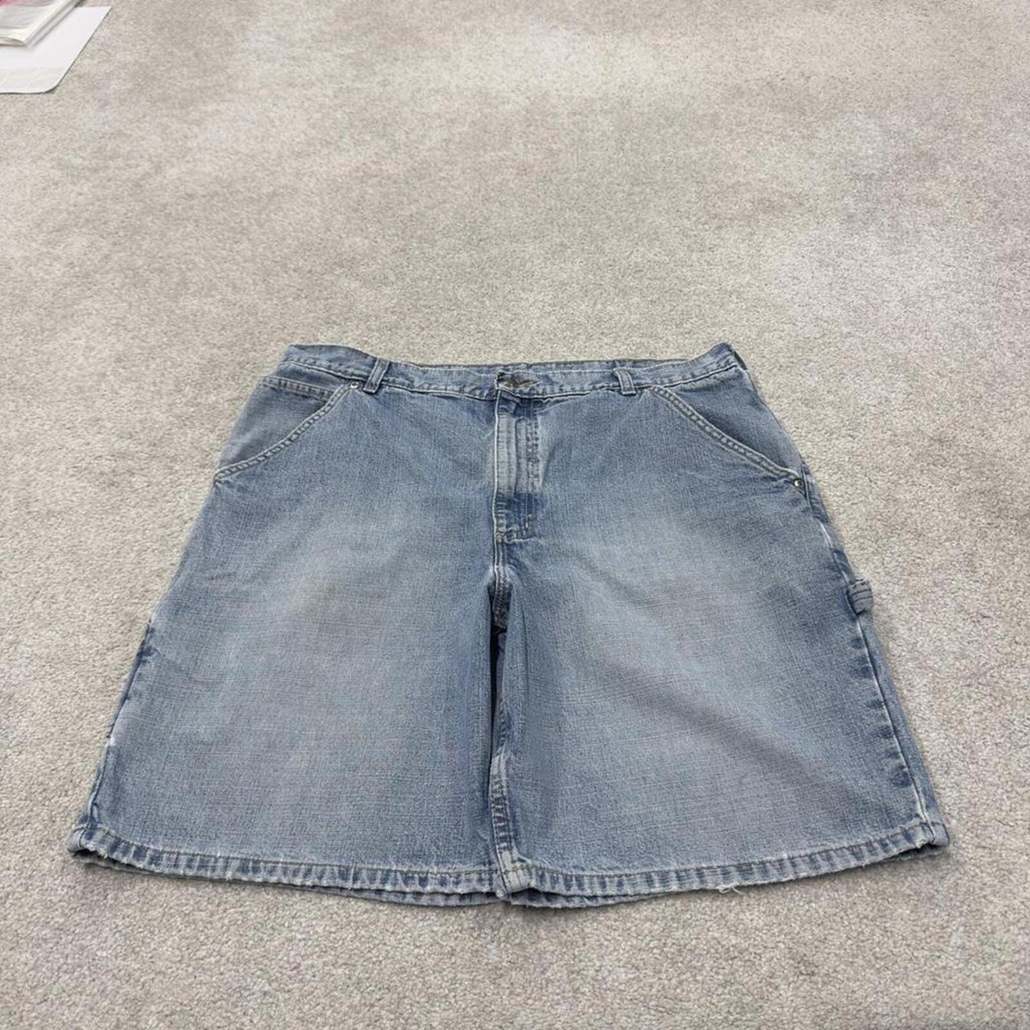 Denim carpenter shorts cargo blue Lands End loose leg skater style surf jorts