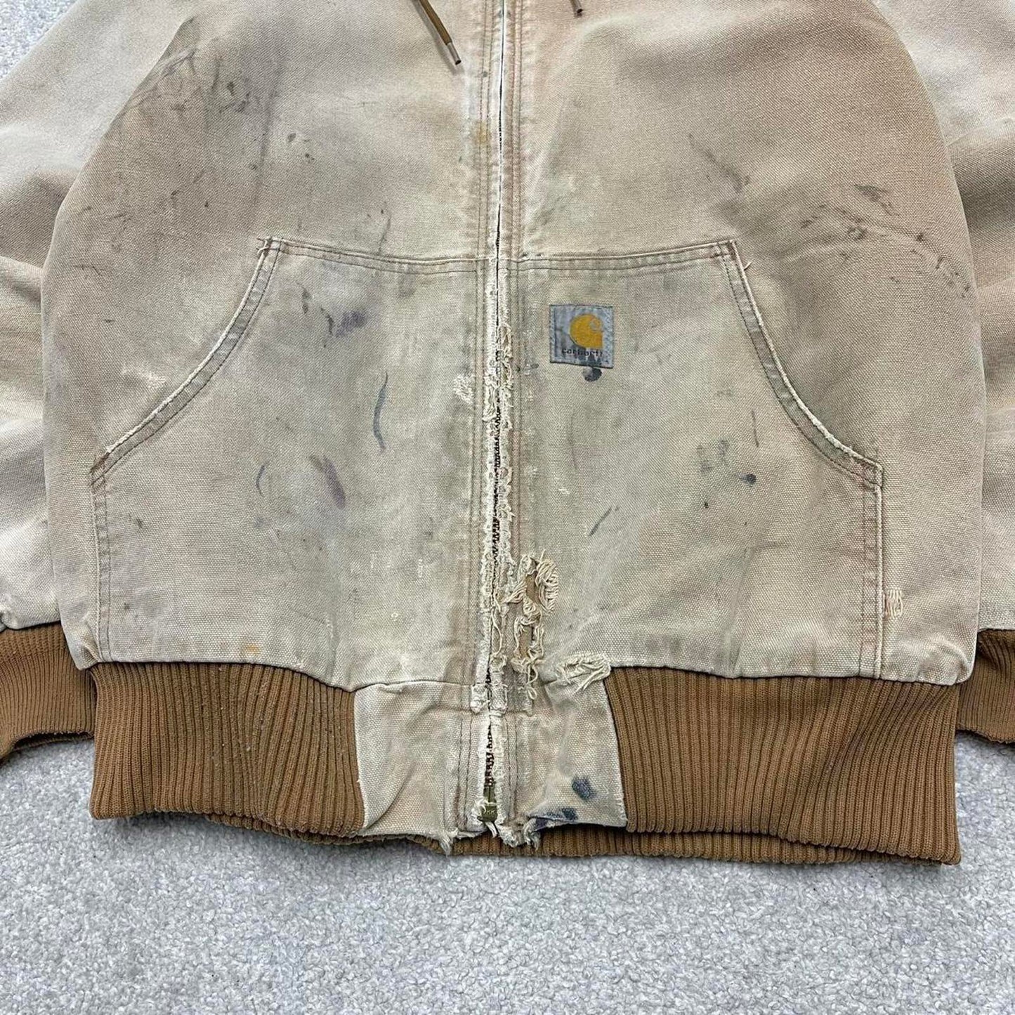 Vintage Carhartt hooded active jacket XL tan brown canvas 90s style skater bomber workwear