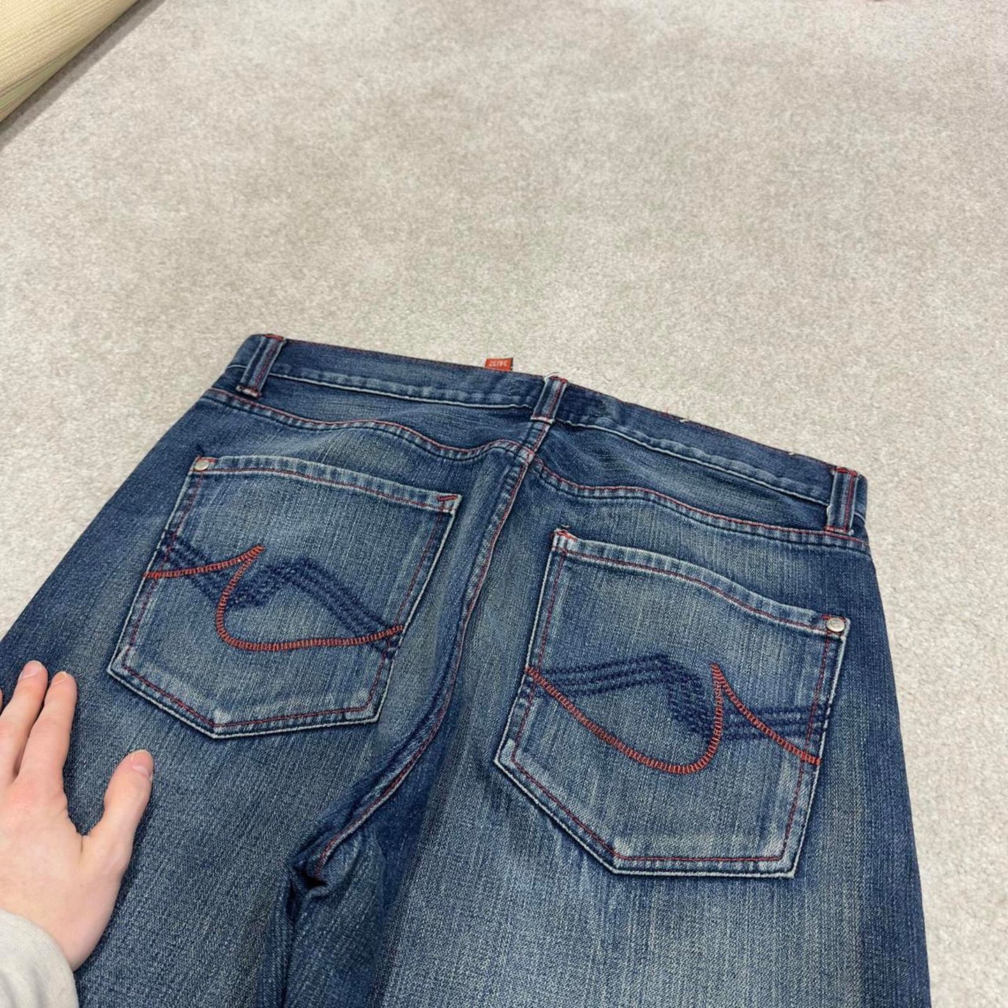 Vintage Y2K embroidered jeans blue Premium loose straight leg denim skater 00s style pants