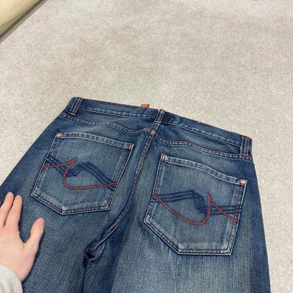 Vintage Y2K embroidered jeans blue Premium loose straight leg denim skater 00s style pants
