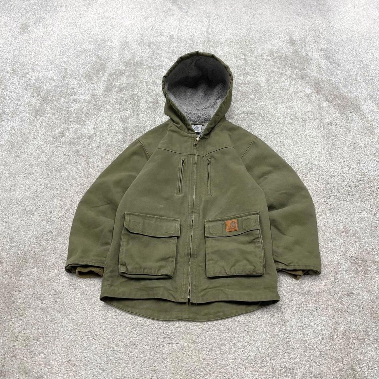 Green Carhartt hooded active jacket S 8/10 canvas 90s style skater bomber