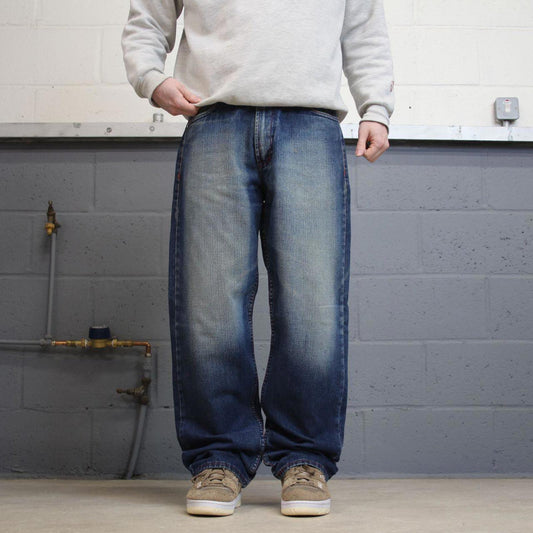 Vintage Y2K embroidered jeans blue Premium loose straight leg denim skater 00s style pants