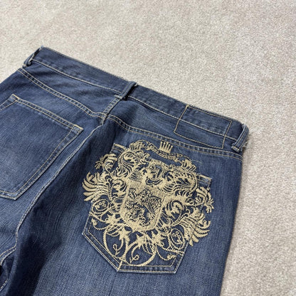 Y2K embroidered baggy jeans Live Mechanics blue denim Loose straight skater surf style jeans