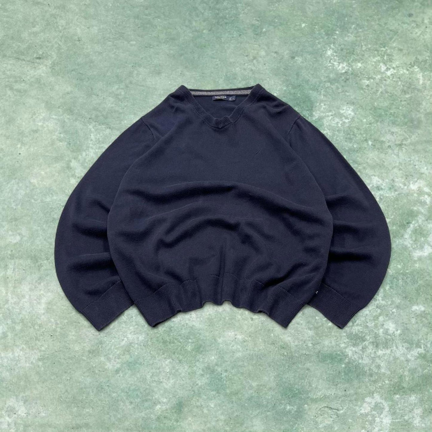 Vintage Y2K Nautica v neck knit sweater jumper navy Embroidered logo knitted pullover