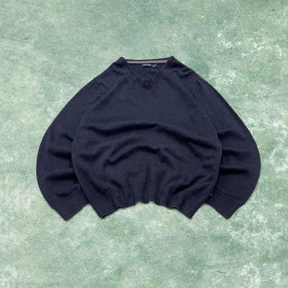 Vintage Y2K Nautica v neck knit sweater jumper navy Embroidered logo knitted pullover