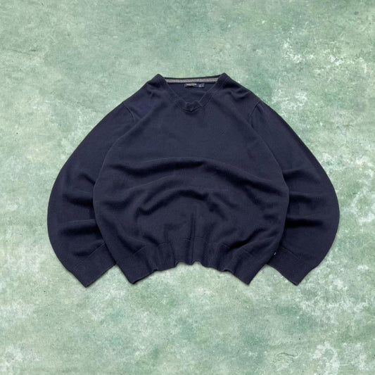 Vintage Y2K Nautica v neck knit sweater jumper navy Embroidered logo knitted pullover