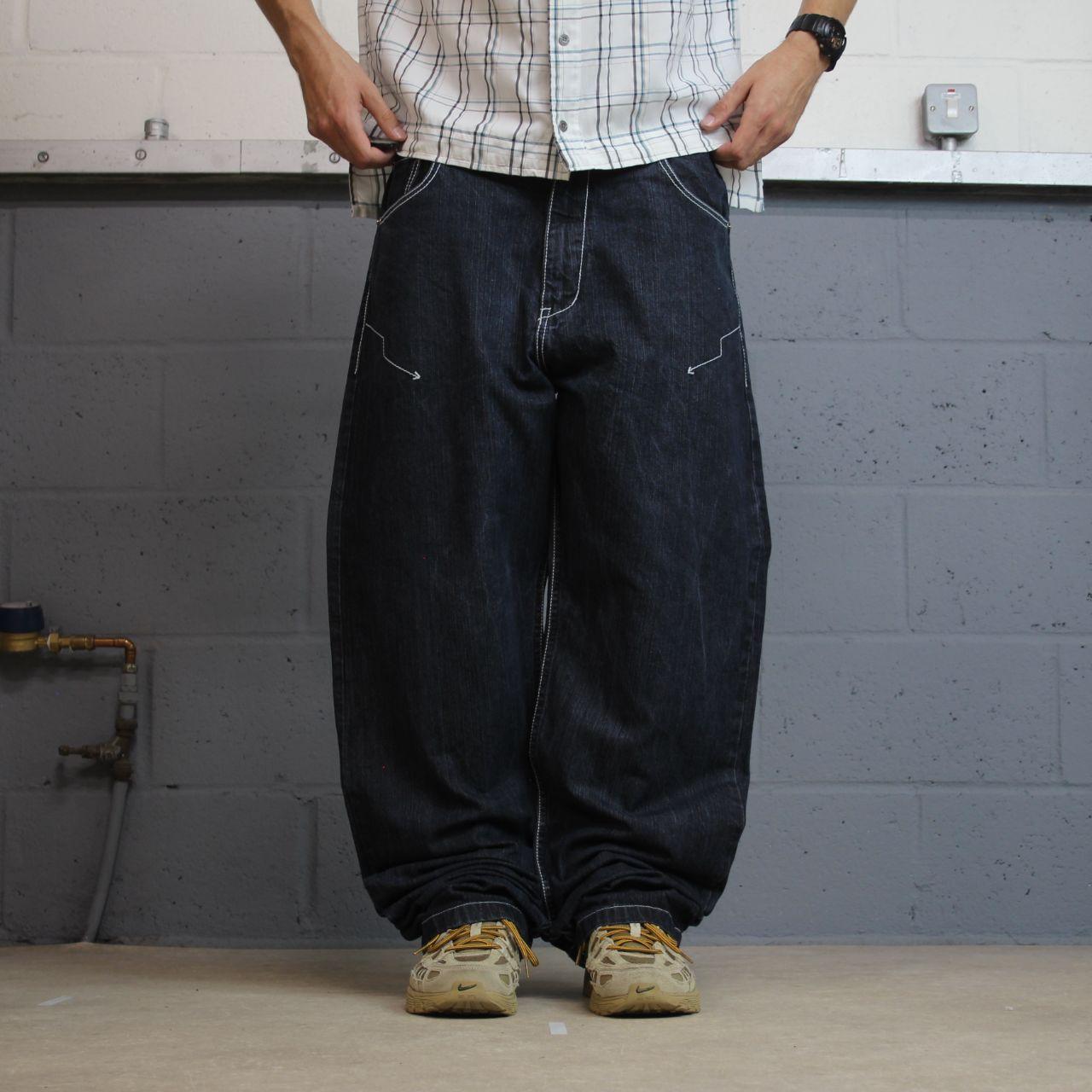 Y2K Brooklyn Xpress baggy jeans wide leg navy blue denim Loose leg surf style pants, embroidered