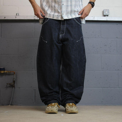 Y2K Brooklyn Xpress baggy jeans wide leg navy blue denim Loose leg surf style pants, embroidered